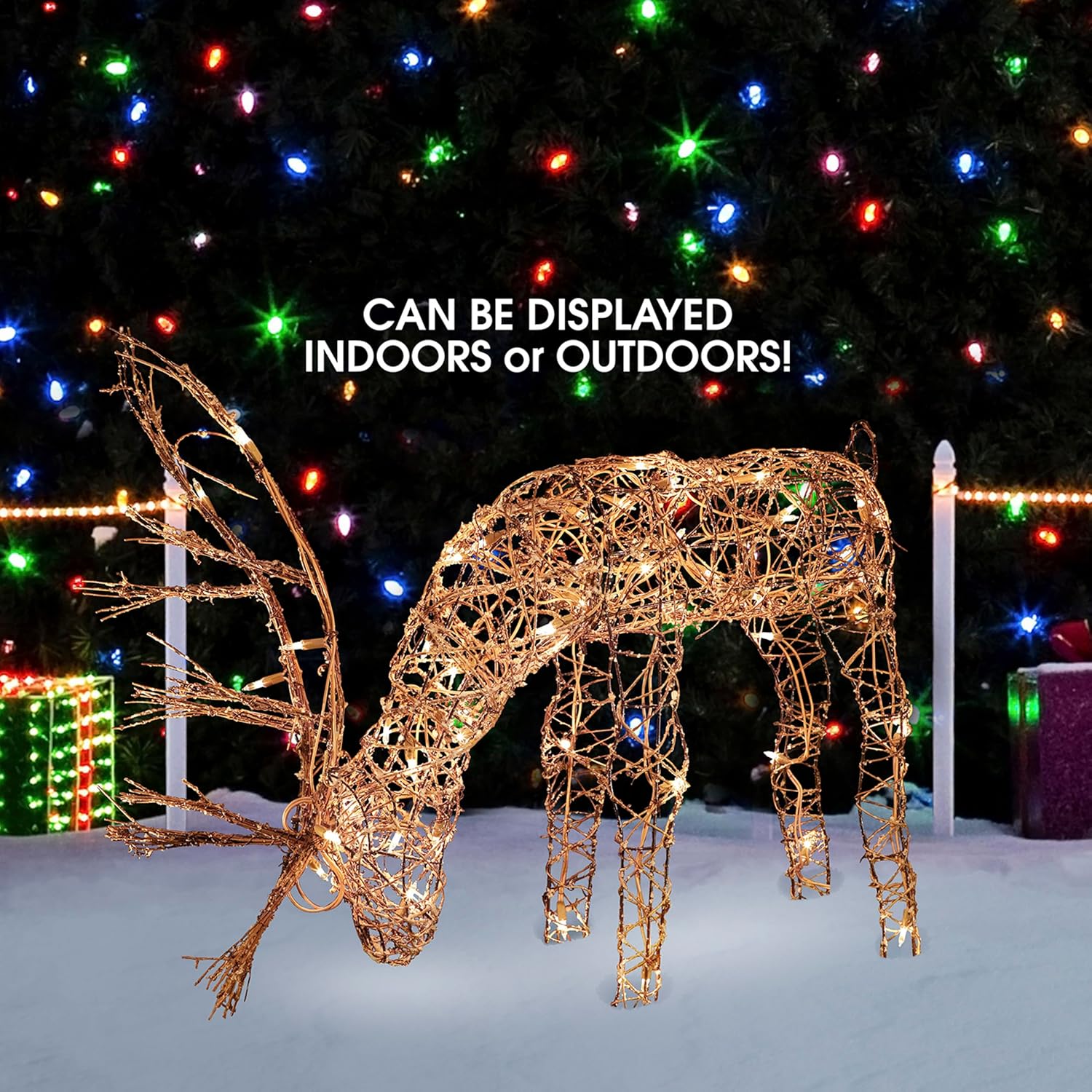 24" Outdoor Rattan Grazing Reindeer Decoration