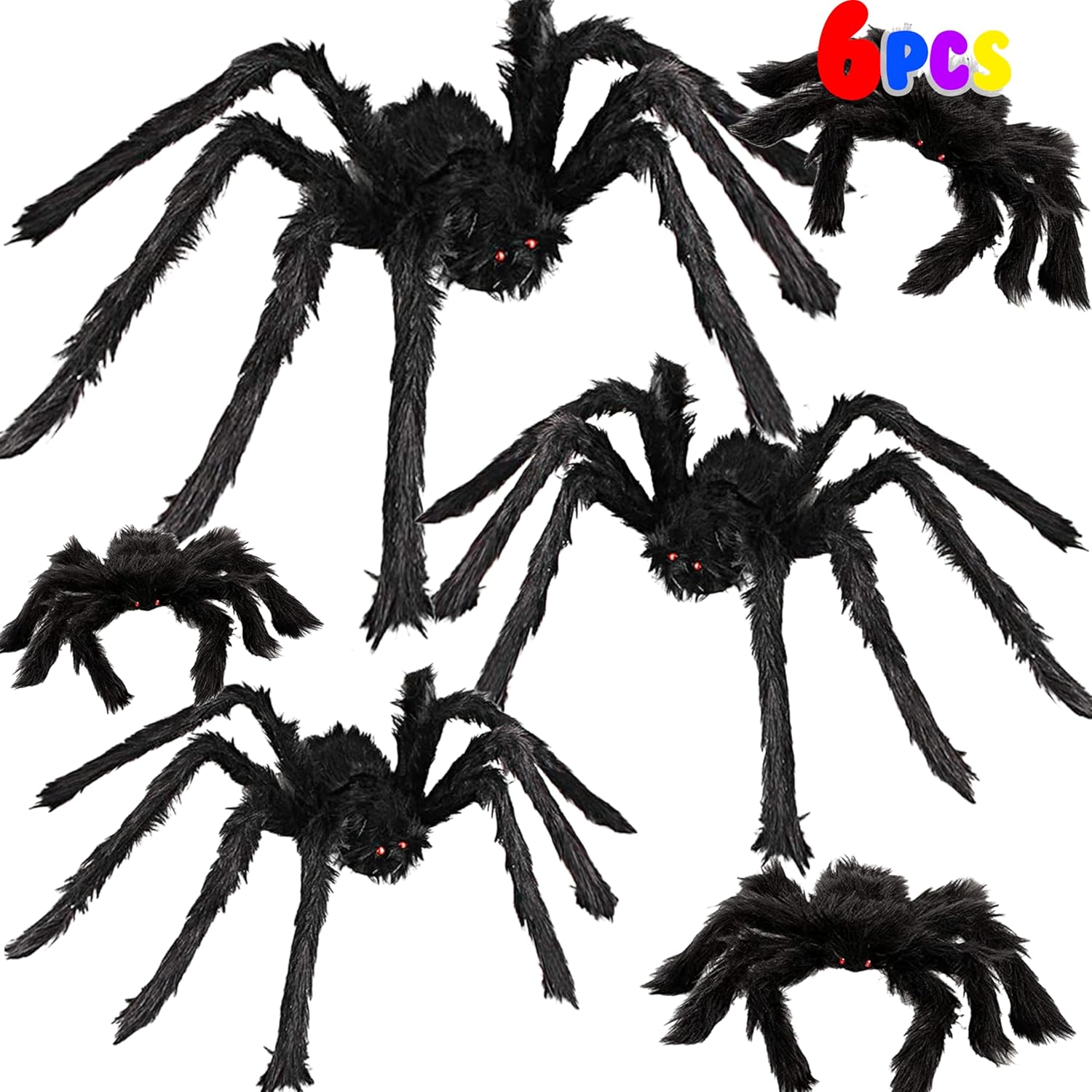 Halloween Spider Decorations, 6 PCS Giant Hairy Black Spiders Set with Different Sizes (36” 30” 24” 18” 12”)