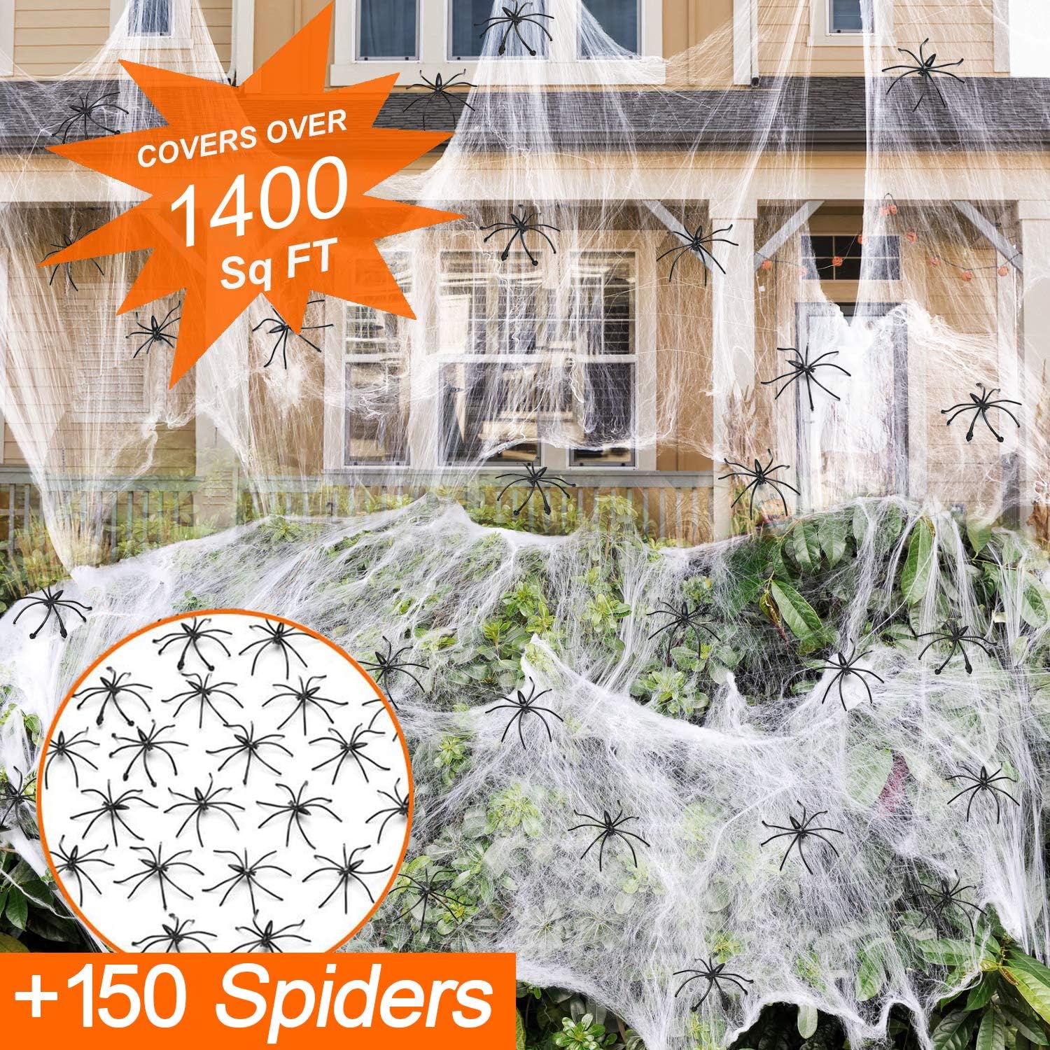 1400 sqft Halloween Spider Webs Decorations with 150 Extra Fake Spiders